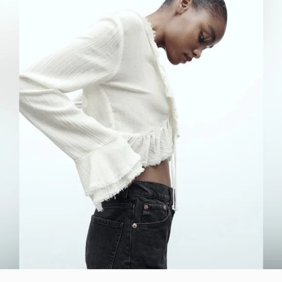 Zara White Ruffle Tie-Front FlounceTop SZ.L NWT - Picture 2 of 9